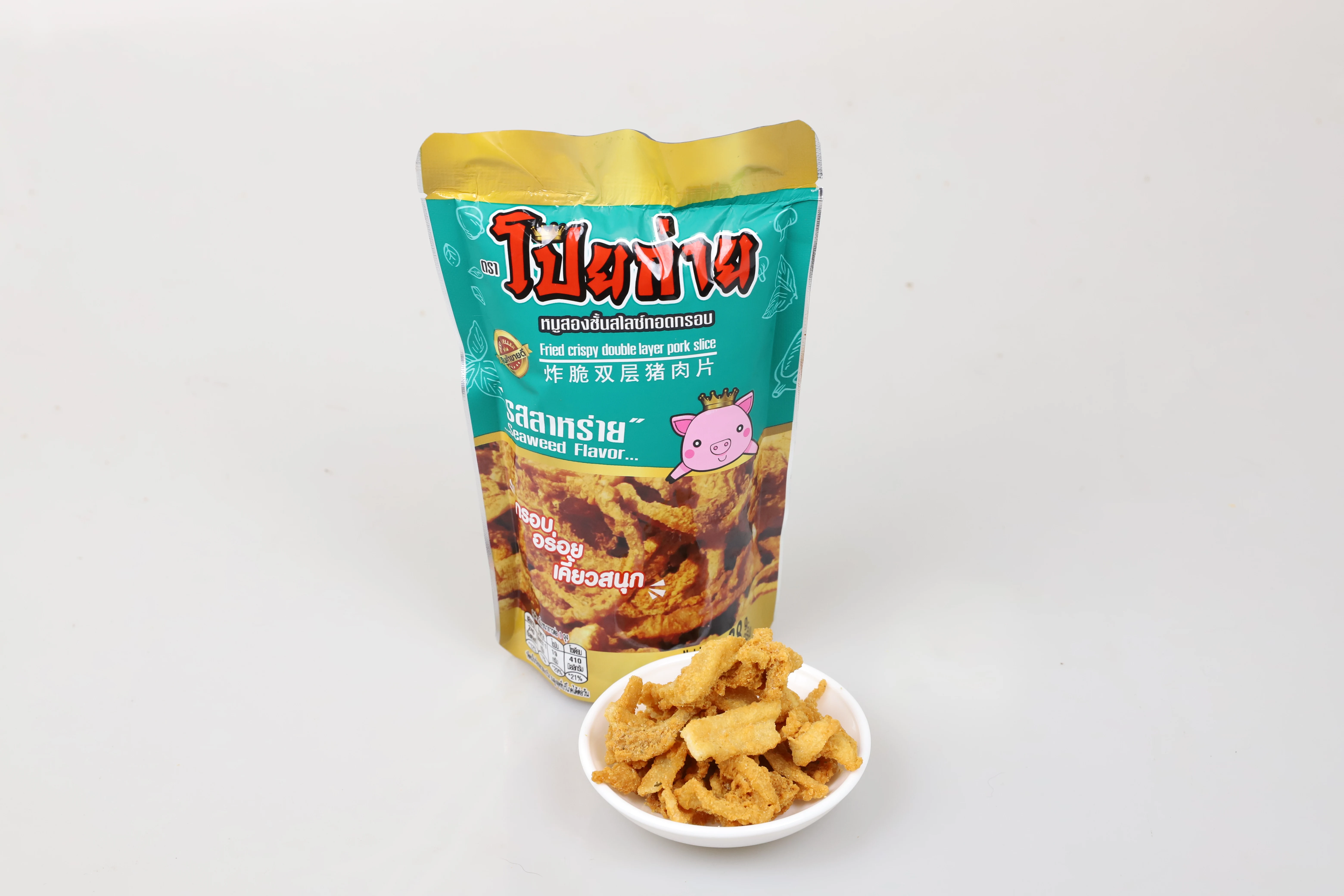 Poygai Fried Crispy Double Layer Pork Slice Seaweed Flavor 38 g.Premium Quality from Thailand for 100% Export