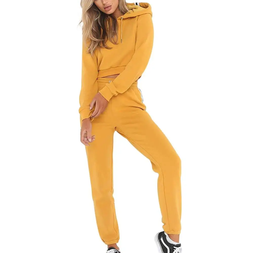 Women Tracksuit Set Long Sleeve Hooded Crop Top Sweatshirt + Pants Sport Jogging Suit Outfits
