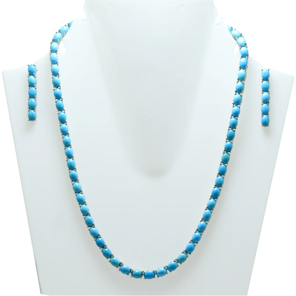 Natural Turquoise 7x5 MM Gemstone 925 Solid Silver For Women Jewelry Designer Necklace Earring Set By Manufacturer Supplier