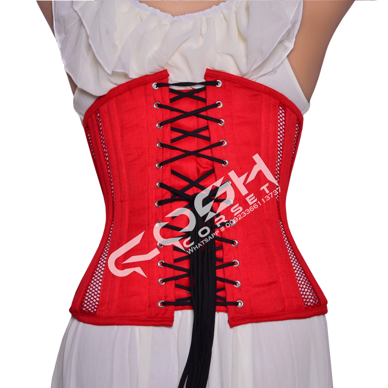 Women Fashion And Party Wear Red Cotton With Mesh Steel Boned Under Bust Waist Reducing Extreme Curvy Corset Top