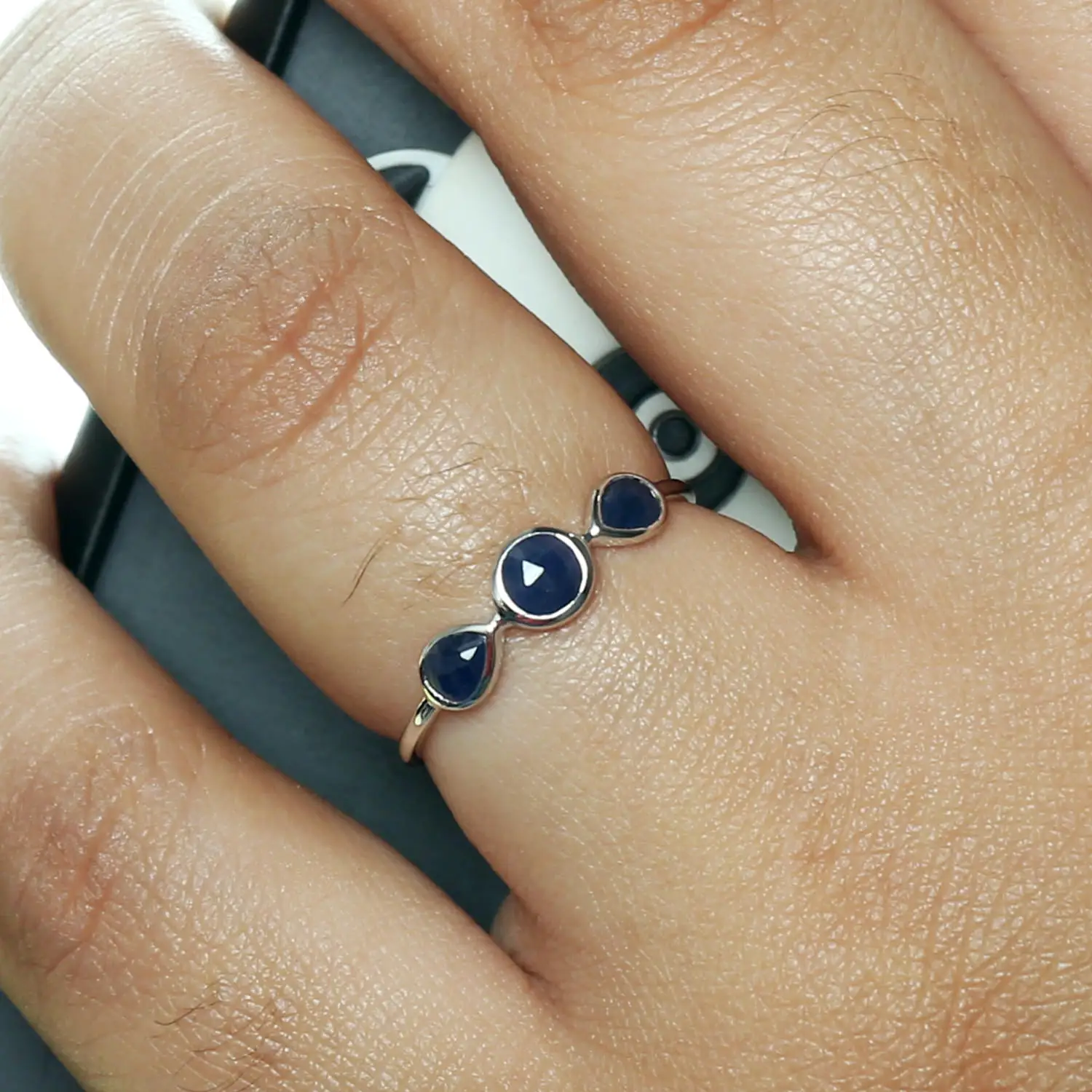 
Blue Sapphire Three-Stone Ring 14k White Gold Handmade Jewelry 