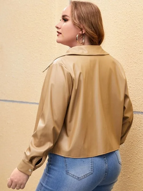 Fashionable Plus Woman Stylish High Quality Customized Front Zip Full Sleeved Solid Beige Leather Jacket For Woman