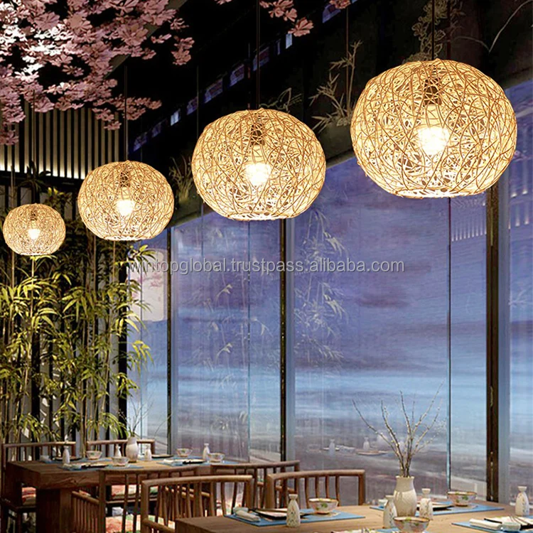 Outdoor Rattan Ceiling Chandelier Light Bamboo Pendant Sleeping Rope Led Light Lamp Shade Cover Handmade for Decoration
