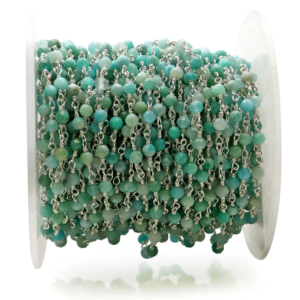 Indian wholesale handmade natural amazonite gemstone beads 925 sterling silver rosary chain