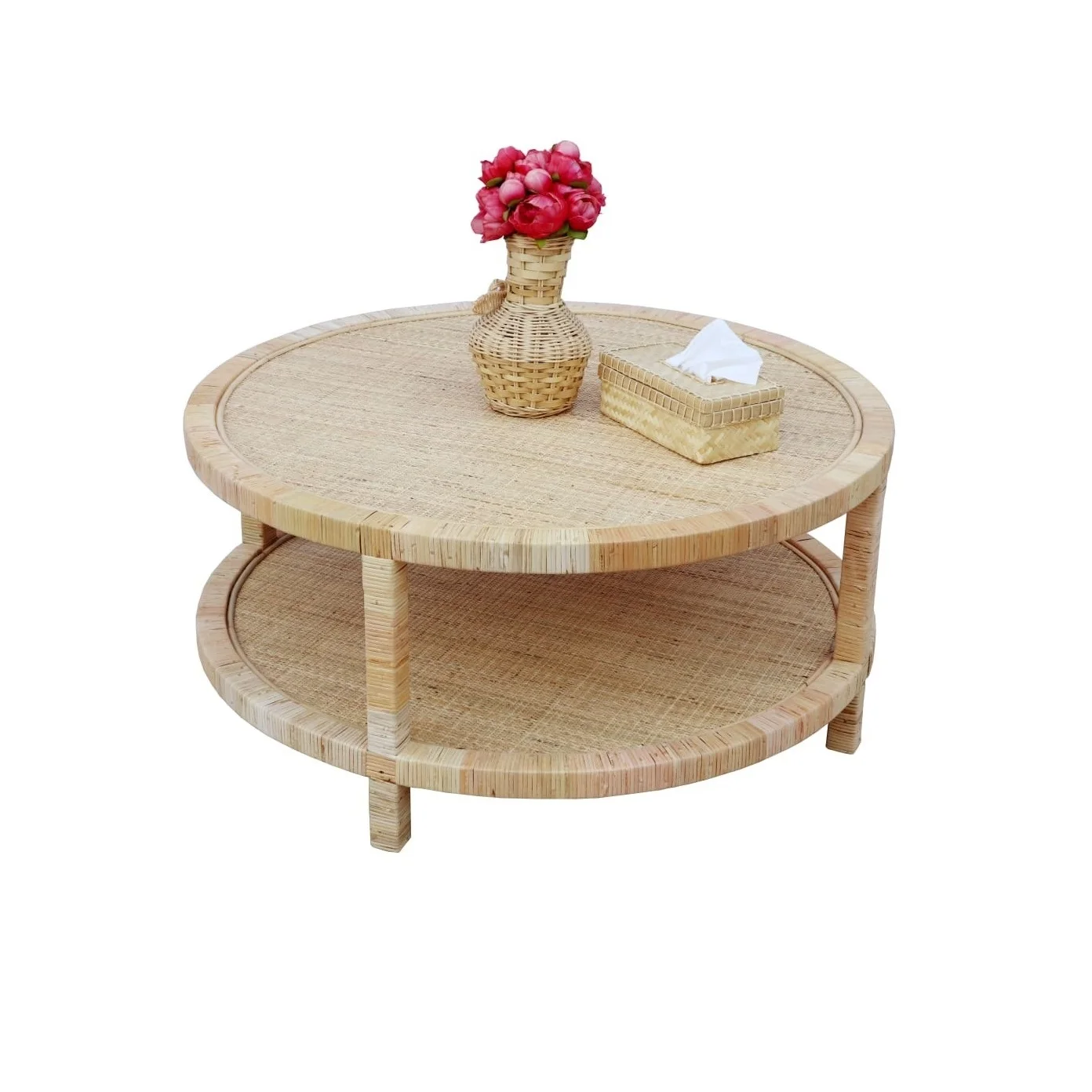Hand Crafted Mid Century Folded Natural Color Antique Round Dining HAYES Coffee Table with Rattan Wood Plywood