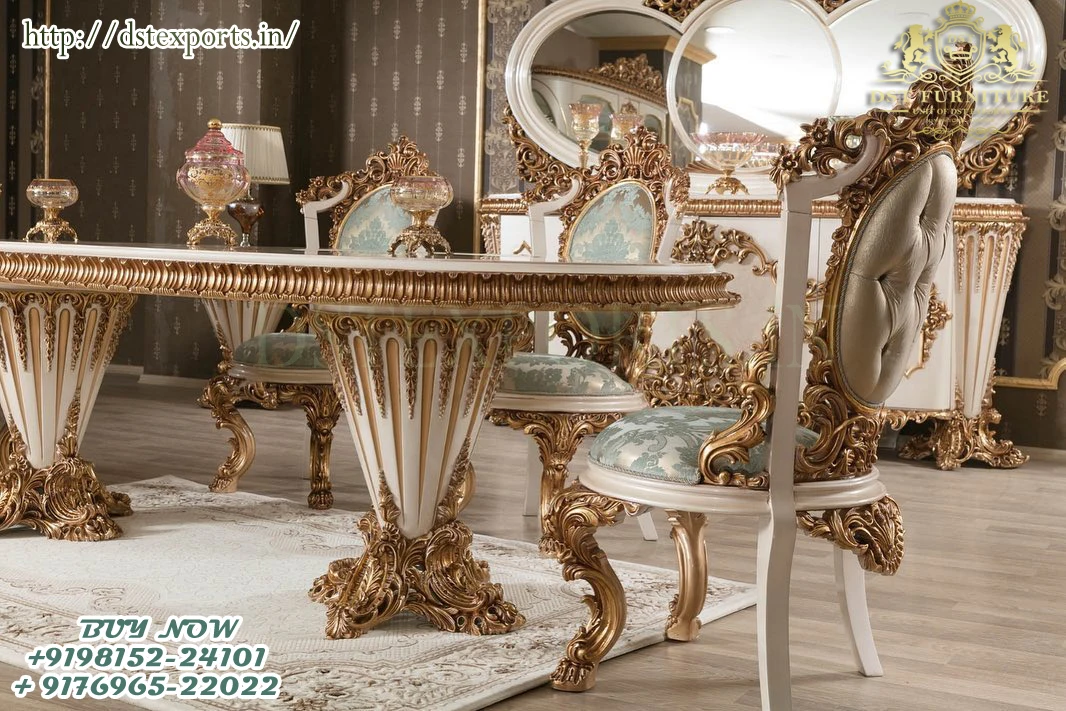 Классический Белое Золото Полированная столовая мебель из тикового дерева под старину 6 местный Обеденный Сервиз купить Maharaja стиль обеденный стол стулья