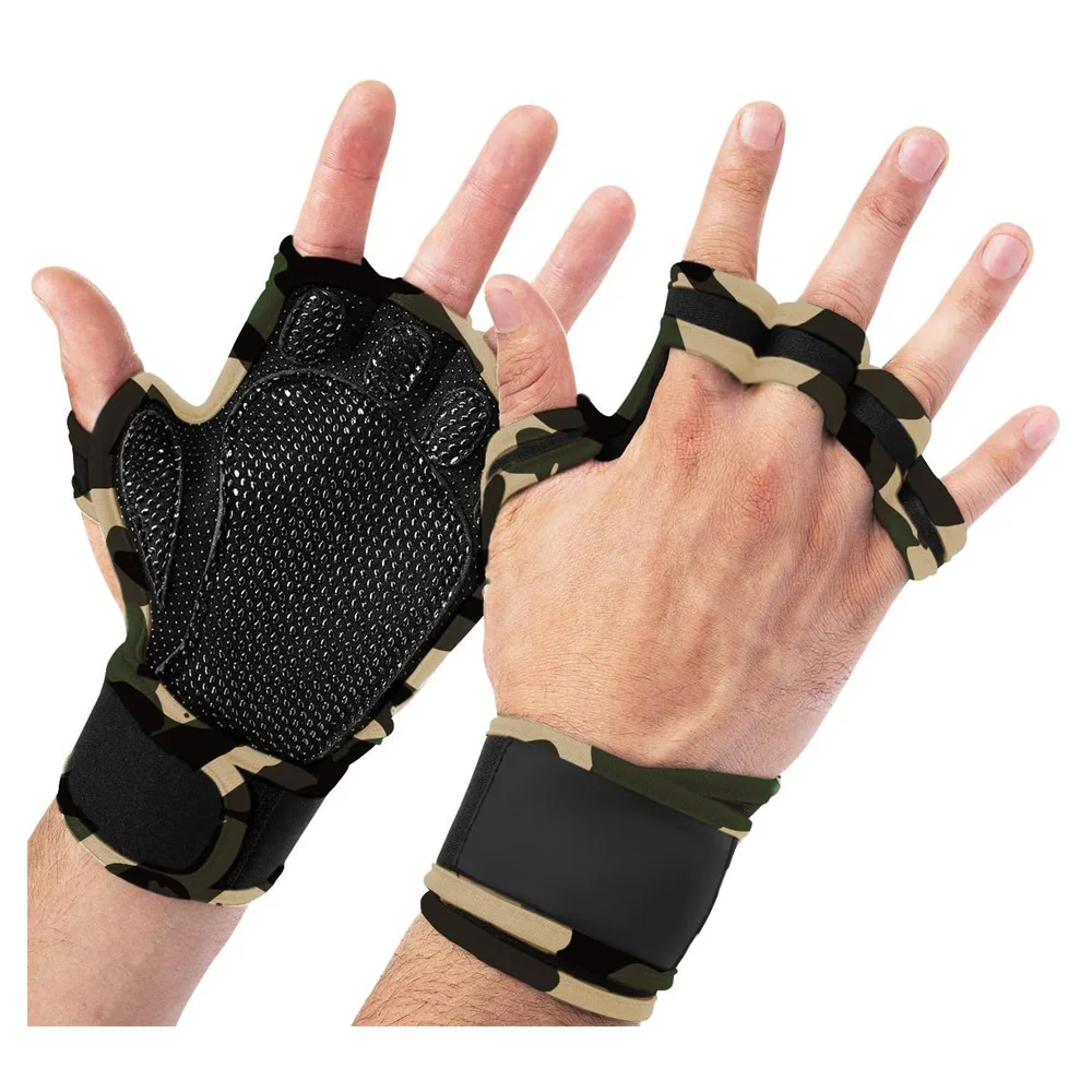 Camouflage Workout Gym Gloves Grips with Wrist Wraps and Full Palm Silicone Padding for Strong Grip for Gym Training