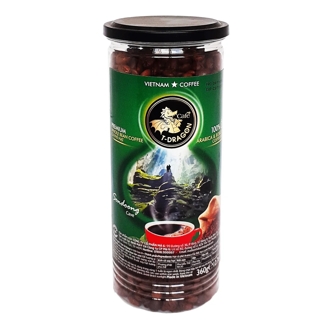 Vietnam Whole Bean Coffee Sugar-Free 360GR CAFE T-DRAGON - PREMIUM WHOLE BEAN - ARABICA ROBUSTA COFFEE BEAN