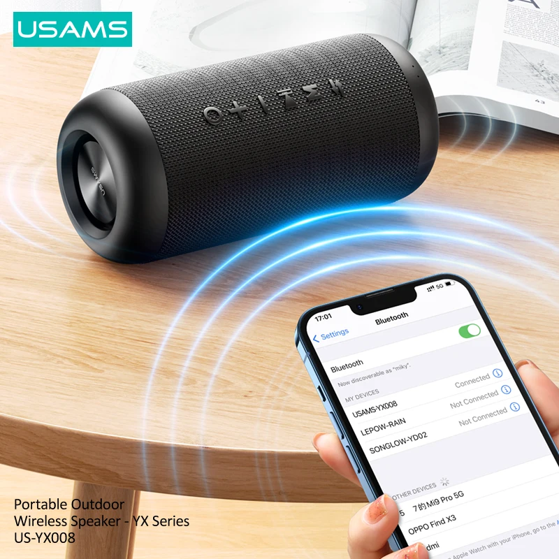 USAMS Portable Outdoor IPX6 Waterproof BT 5.0 Loudspeaker Active Deep Bass Stereo Wireless Speaker