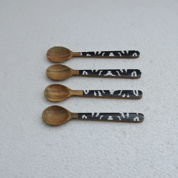 Wooden & Concrete Handle Tea Spoon 4 Pcs Set with Low Price in Bulk For Restaurants Kitchen Food Eating Equipment Spoon Fork