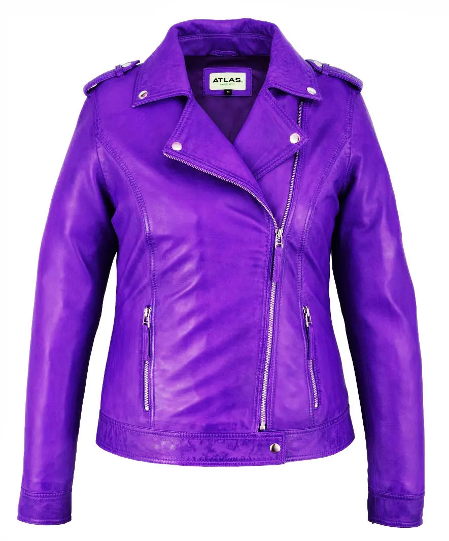 
Фиолетовая Кожаная куртка из овечьей кожи для женщин-высокое качество Ykk блестящие серебряные аксессуары от Atlas Industries 