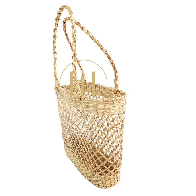 Eco Friendly Vietnam Wholesale Summer Beach Bucket Shape Square Market Shopping Alibaba Amazon Woven Handbag Open Seagrass Bags