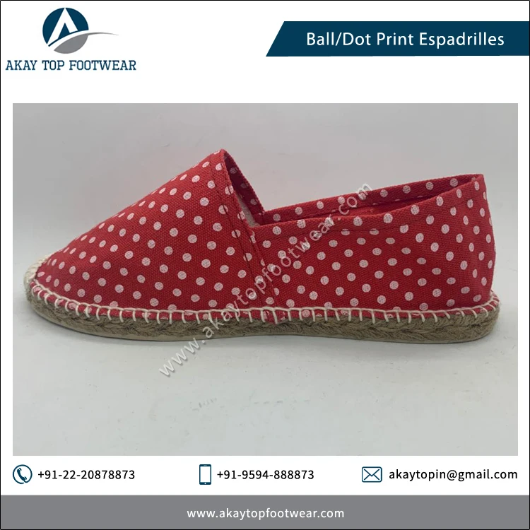 Manufacturer of Dot or Ball Print Solid Color Traditional Canvas Espadrilles Flat Shoes Durable Women Espadrilles Shoes