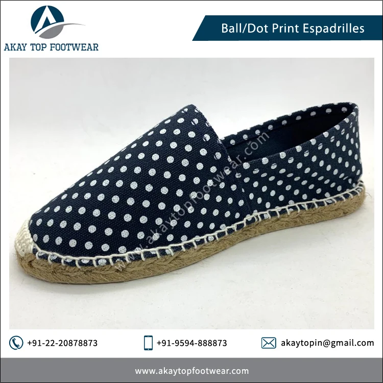 Manufacturer of Dot or Ball Print Solid Color Traditional Canvas Espadrilles Flat Shoes Durable Women Espadrilles Shoes
