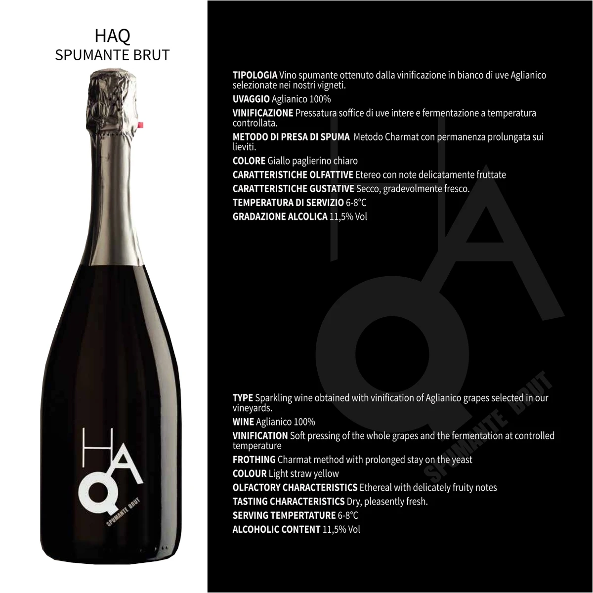 high quality italian sparkling white dessert wine HAQ SPUMANTE BRUT has a beautifully brilliant medium plus straw yellow color