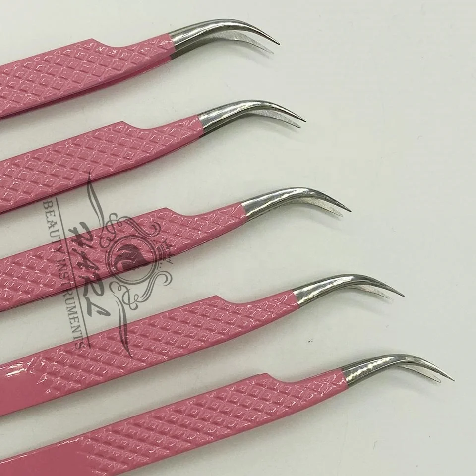Curved Diamond Grip Baby Pink Tweezer eyelash extension tweezers with custom logo Eyelash Tweezers for Extension