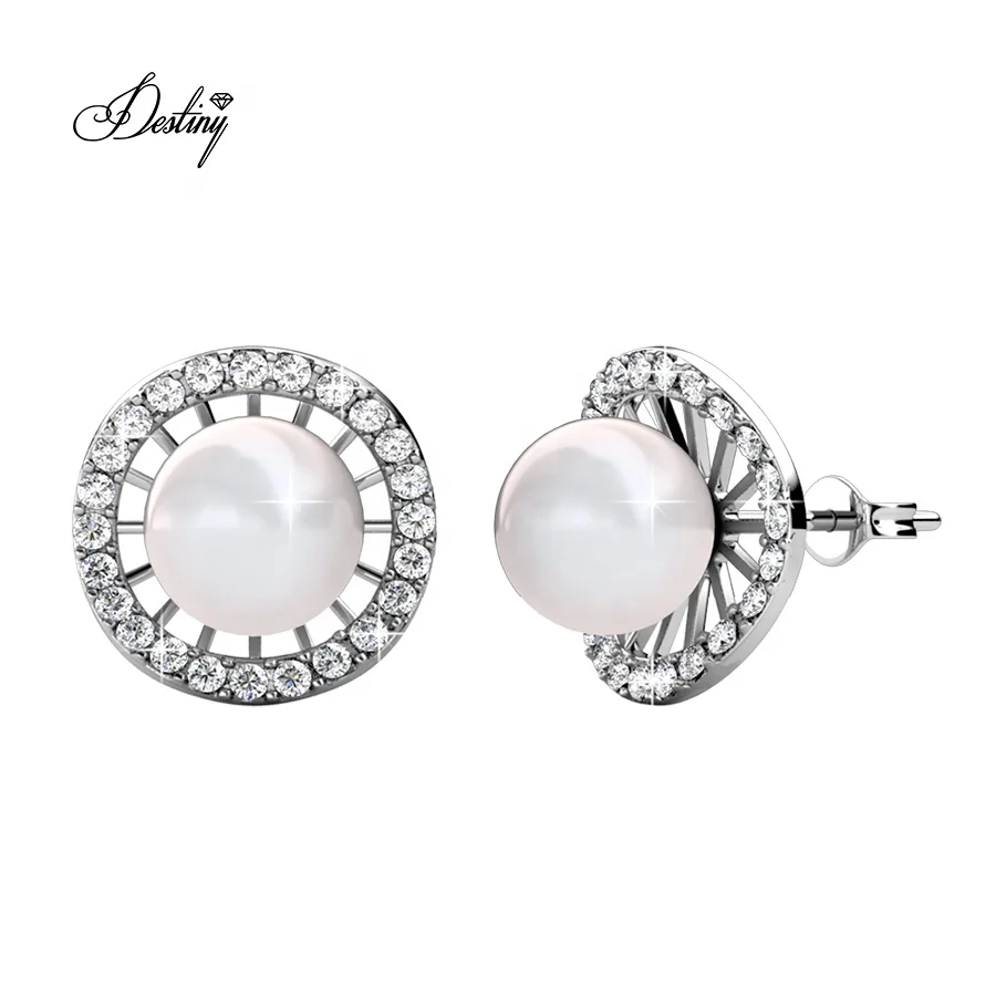 Sterling Silver 925 Premium Austrian Crystal Jewelry Elegant Pearl with Crystal Beautiful Woman Stud Earrings Destiny Jewellery