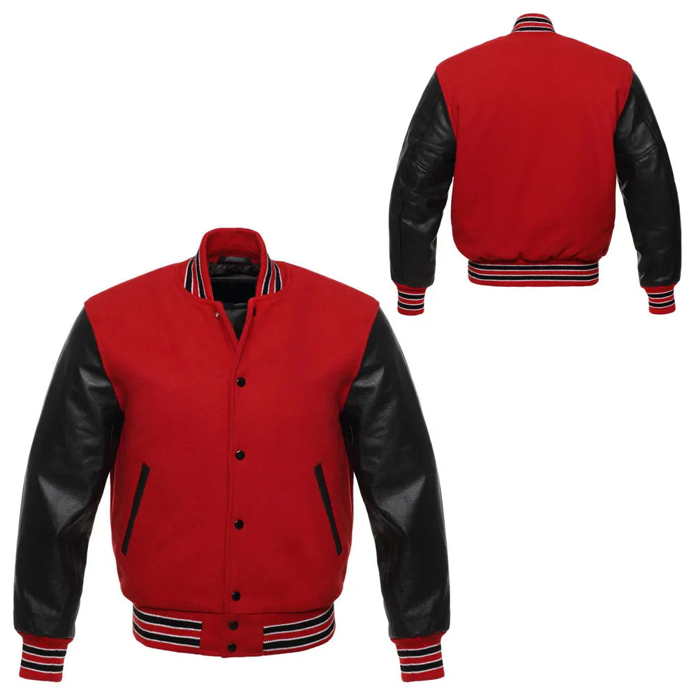 
Red and Black Color Real Leather Sleeves Lettermen Embroidered Varsity Jacket 