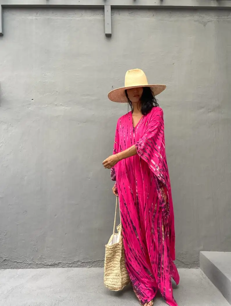 Luxury Resort Wear Hand Tie Dye Half Sleeve Beach Swim Cover Up Kaftan Summer Caftan Boho Cocktail Dress