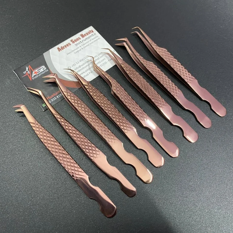 Rose Gold Japanese Stainless Steel Eyelash Extension Tweezers Hand-Tested Diamond Grip Pointed Volume Fiber Plasma Sustainable