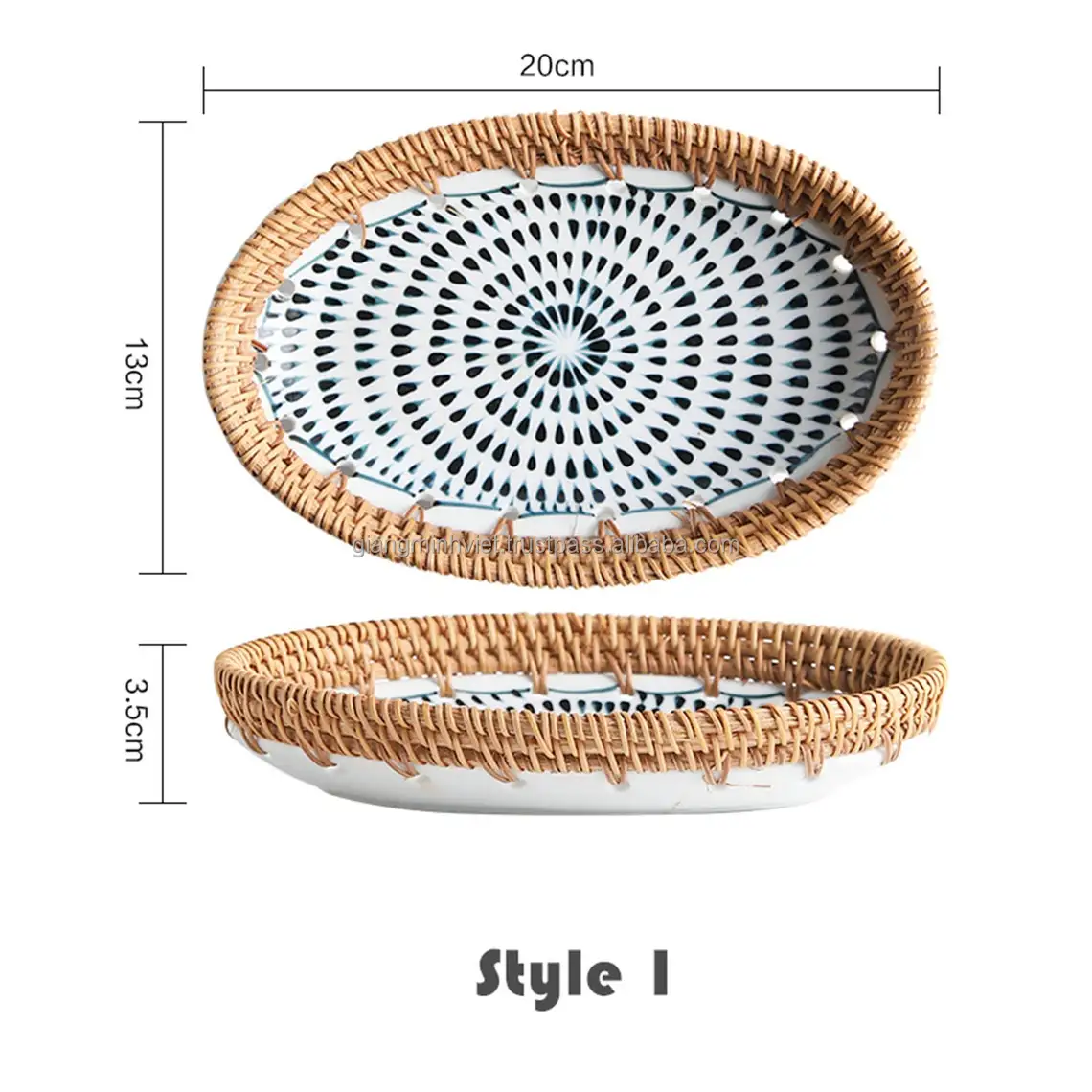 Wholesale Cheap Price Rattan Serving platter Rattan Ceramic Plate with Multiple Pattern Dinnerware Set Vietnam Handmade Factory