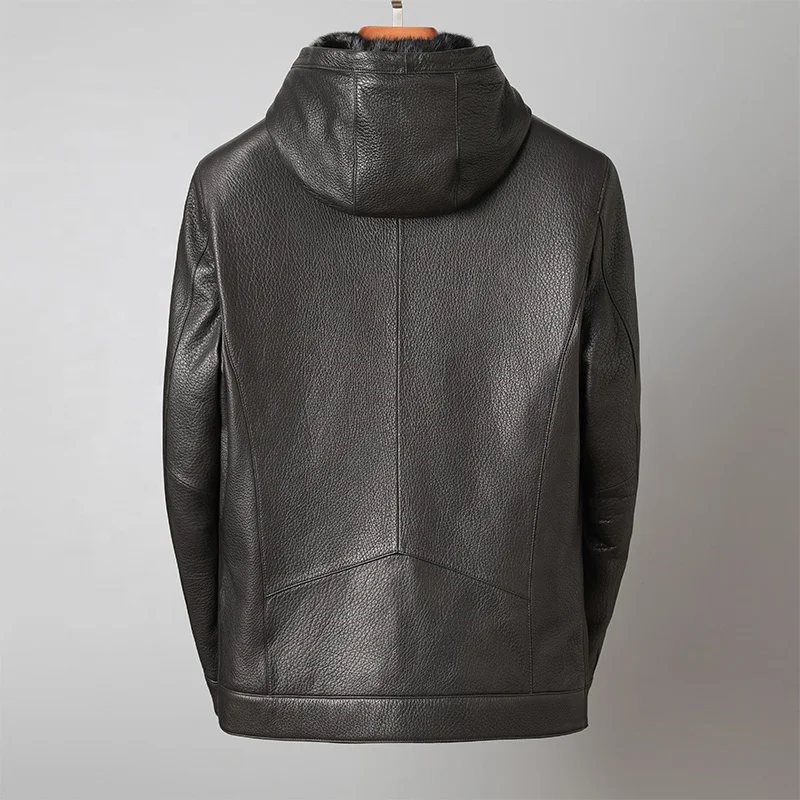 Мужская куртка из натуральной кожи пальто козьей шкуры и меха норки длинная Меховая с капюшоном теплые зимние черная кожаная