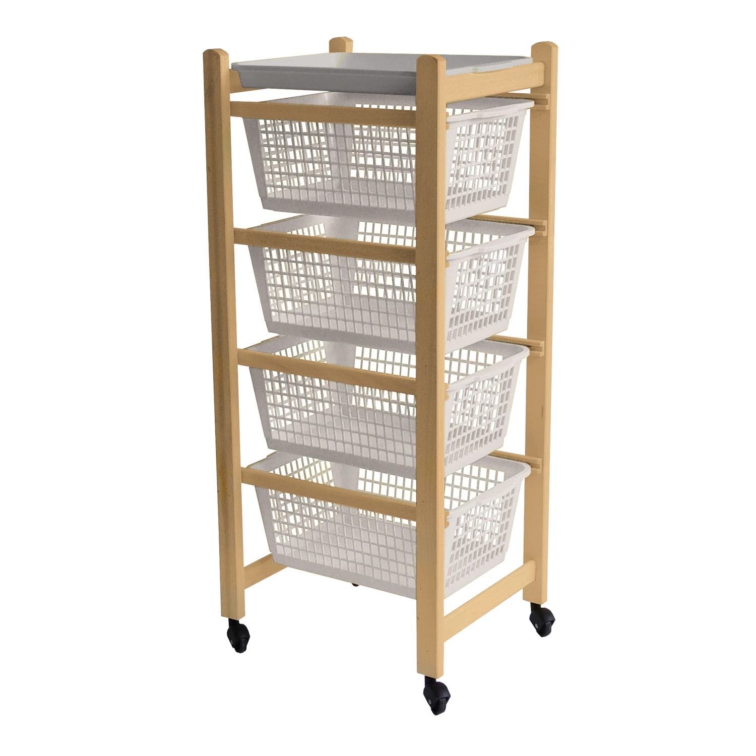 High quality Made in Italy multiuse kitchen trolley in beech wood natural color with 4 plastic baskets removable tray and castor