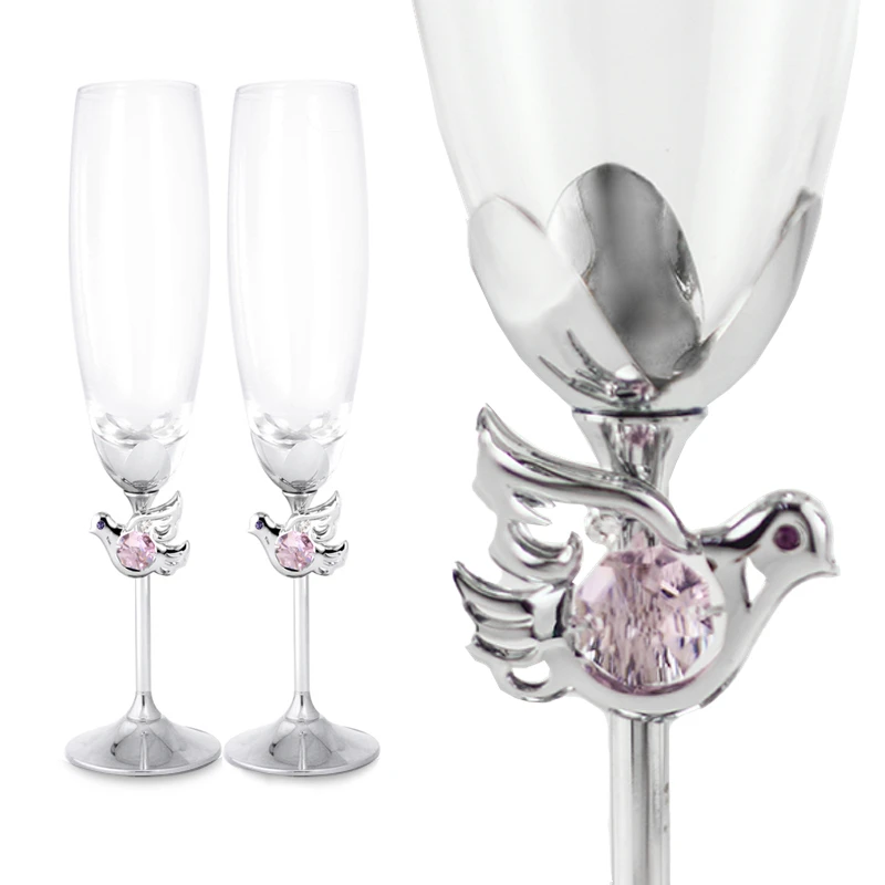 Crystocraft Couple Love Dove Birds Crystal Wedding Toasting K9 Glasses Champagne Flutes Set Gift with Brilliant Cut Crystals