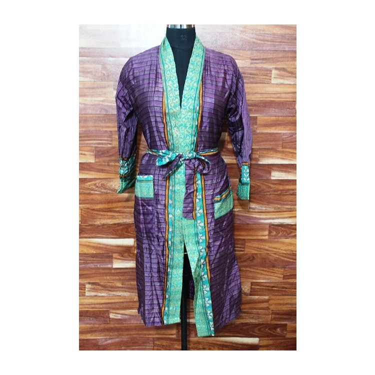 Top Quality Silk Sari Printed Kimono Robe with Double Pockets and Belt Design Long Cover Up Kimono Robe for Women and Girls