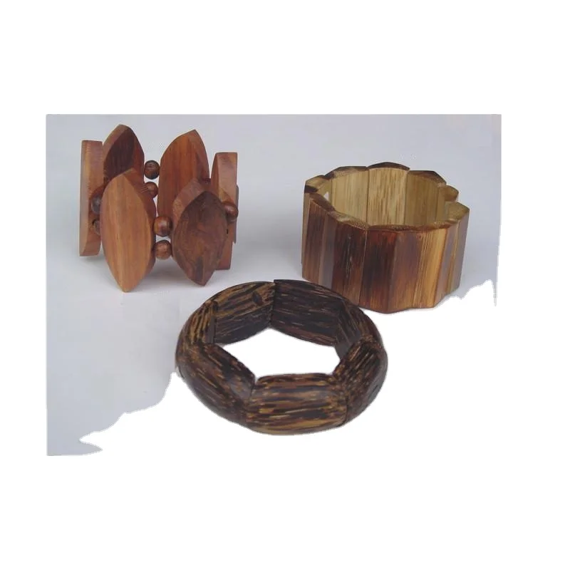 Stretch Wooden Bracelets In Sheesham And Palm Wood Natural polished Wooden Stretch Bracelets