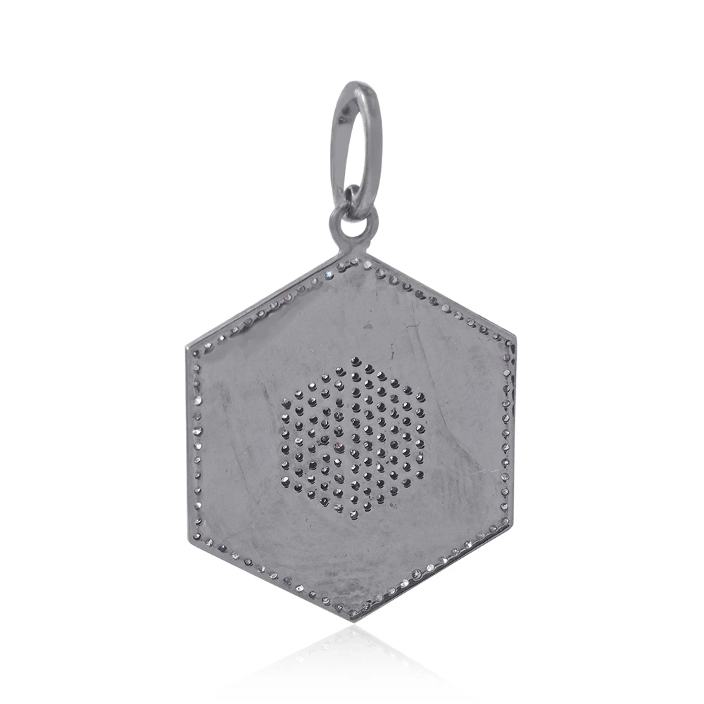 Champagne Pave Diamond Designer Hexagon Shaped Yellow Vermeil Hammered 925 Silver Designer Charm Pendant Jewelry Wholesale