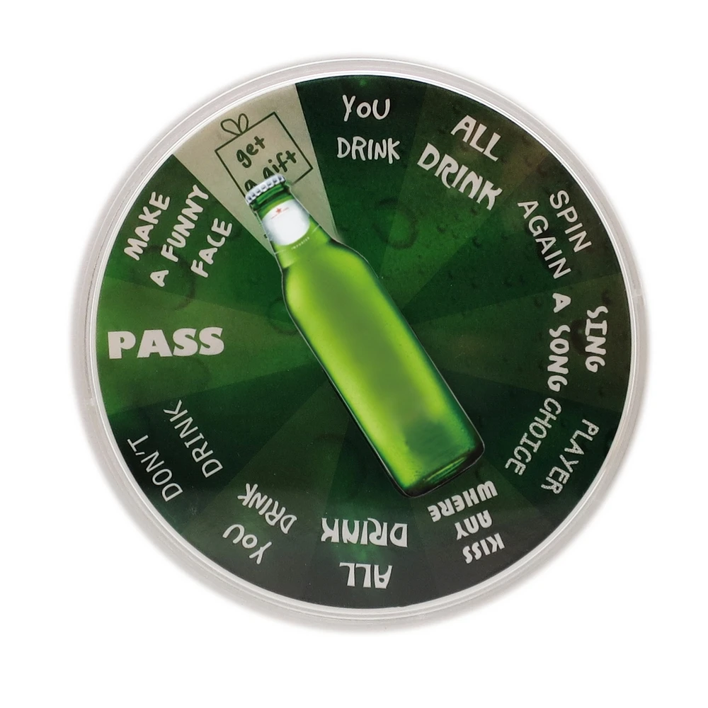New arrival beer bottle funny game design on round spinning plastic coaster