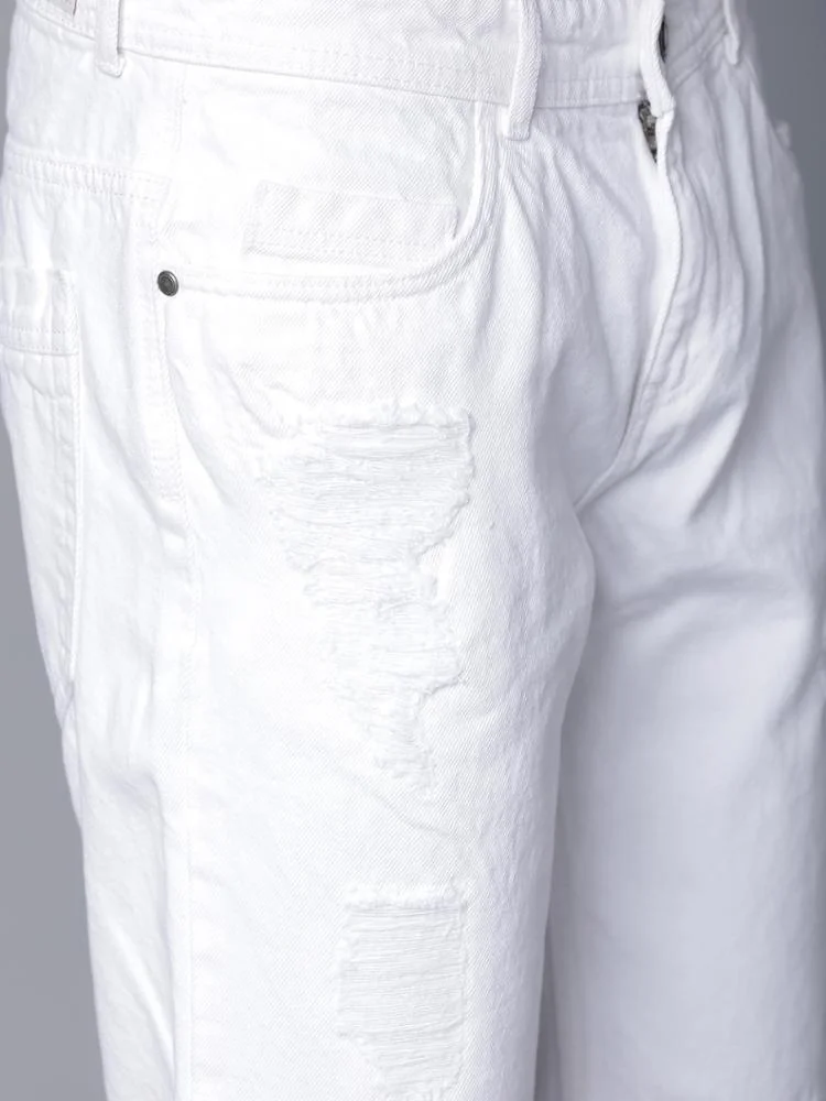 Two Deep Side Hem Pockets summer ripped white denim shorts for men jeans
