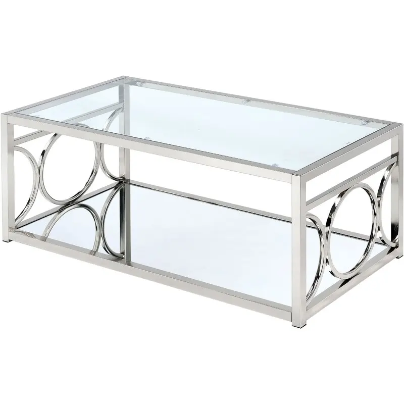 Luxurious style Stainless steel Floor Shelf silver Coffee Table with Storage glass top for office and home