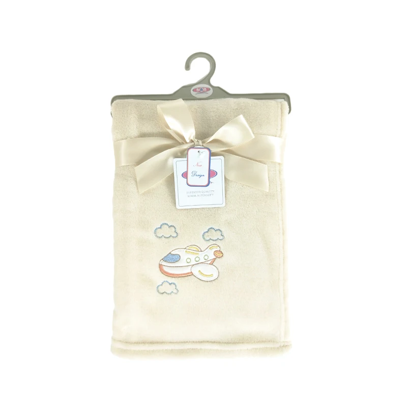 2020 Autumn Winter Soft High Quality Coral Fleece EmbroideryBaby Blanket Kufala  with Cute Plane Pattern