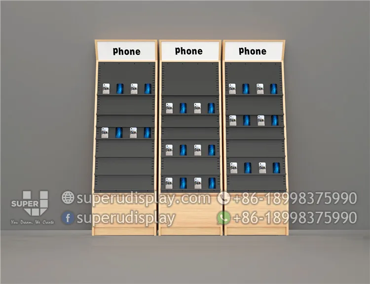 Fashion Customized Adjustable Phone Component Electronics Accessories Display Stand Mobile Phone Wall Display Shelf with Storage