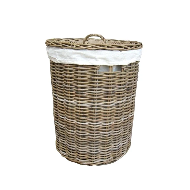Laundry Basket Eco Friendly Handmade Round Storage Stock  Plant With Fabric Lid Vietnam Wicker Rattan Trash Bin Basket