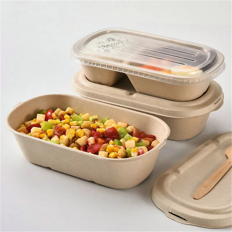 OEM Sugarcane Bagasse 500ml 700ml Biodegradable Food Container Customized Disposable Tableware with Lid