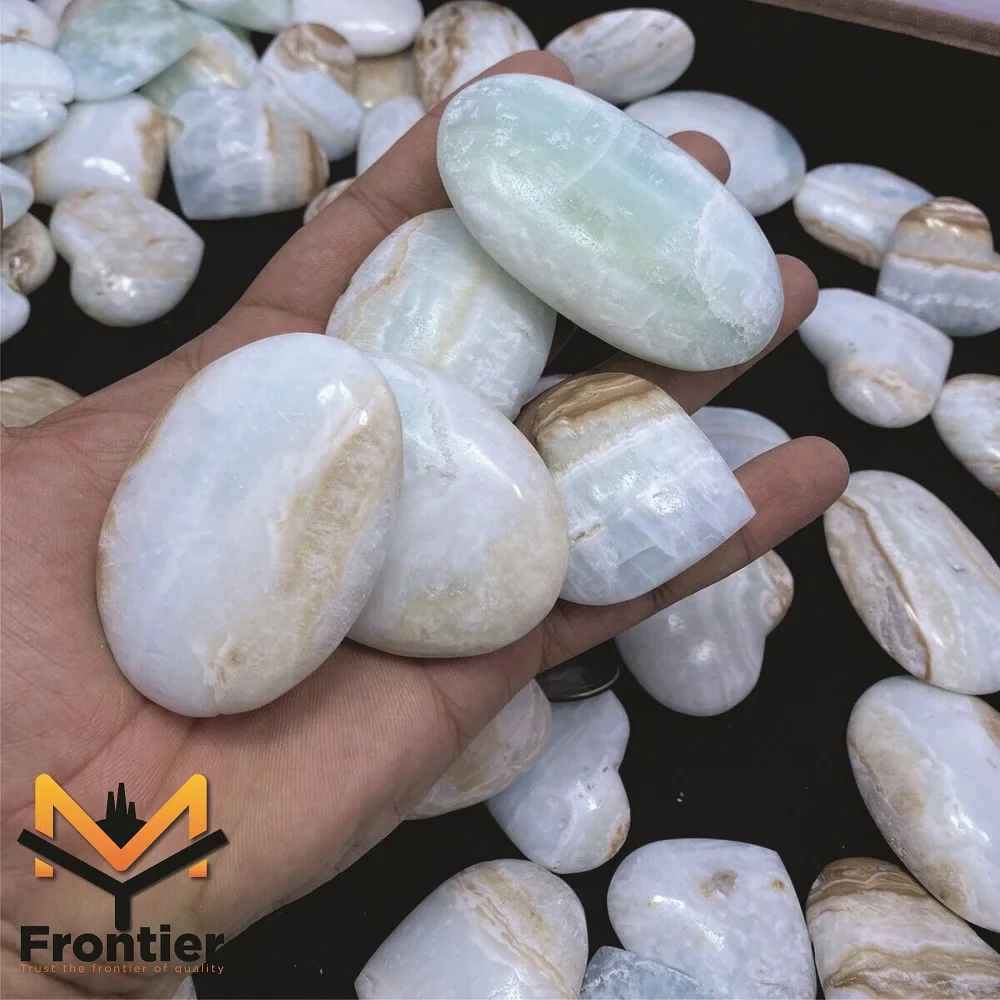 High Quality Natural Blue Calcite Handmade Palm Stones Showpieces Polished OEM Gemstone Healing Crystal Craft from Pakistan.