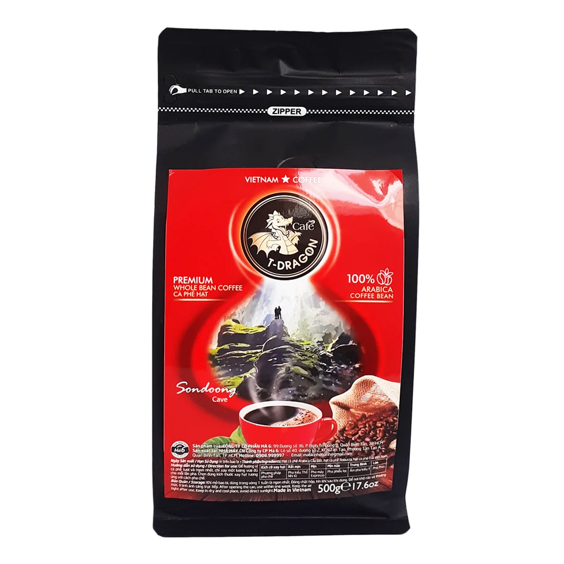 Vietnam Premium Quality Bag Packaging Sugar-Free CAFE T-DRAGON - PREMIUM WHOLE BEAN - ARABICA COFFEE BEAN