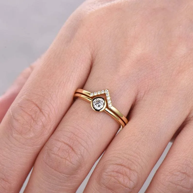 925 Sterling Silver Ring Set Minimalist Wedding Band Dainty Diamond Simulant Bridal Yellow Gold Plated Handmade Jewelry