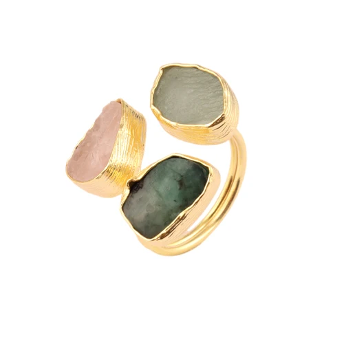 Handmade jewelry real raw aquamarine rose quartz & emerald ring texture finish gold plated three birthstone adjustable ring gift