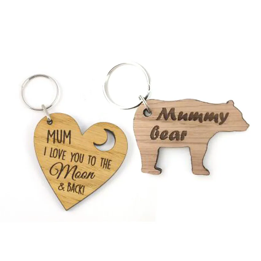 wholesale promotional custom logo cut out wood love mom keyrings