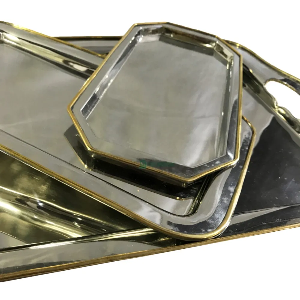 New 2020 Gold Rimmed Metal Trays - Aluminum - Polished - Handmade - Wholesale - Bulk - New - Set of 3 - Rectangle - Elegant
