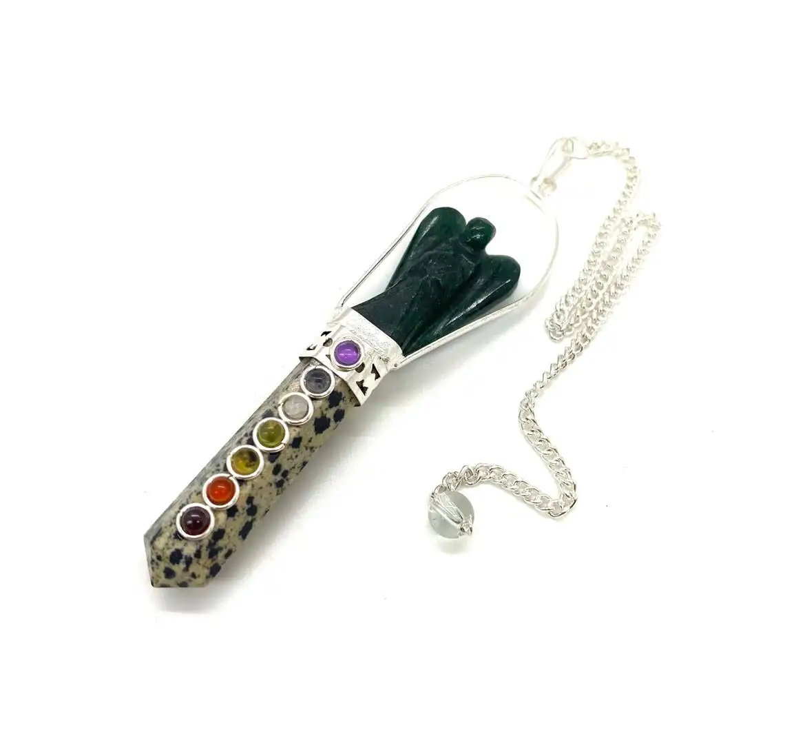 Wholesale dalmatian 7 chakra pencil dark green jade angel pendant pendulum healing crystal stone crystal jewelry