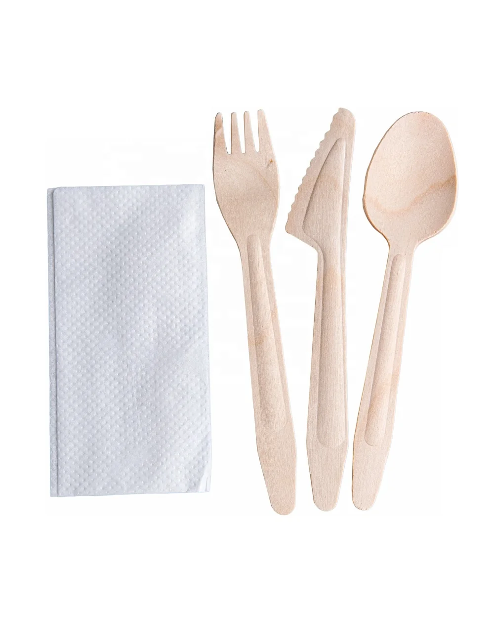 Disposable Wooden Cutlery Set 3+1 Spoon Fork Knife Napkin 165 mm 100% Natural Birchwood Biodegradable Wooden Disposable Cutlery