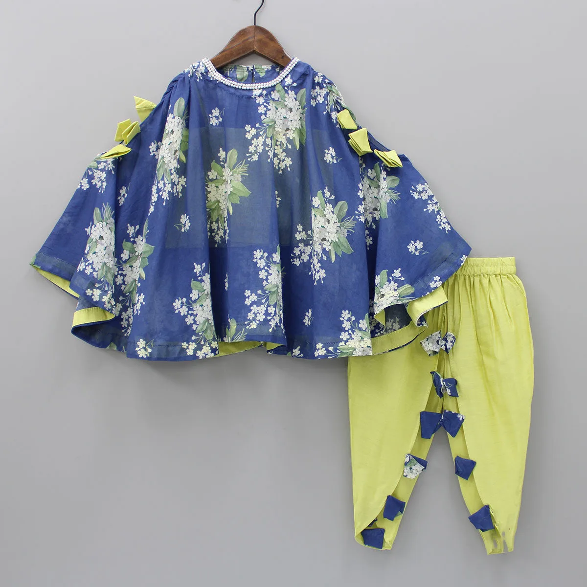 Lavish Fabric Girls Indian Patiala Punjabi Kids Wear Best Designer Fastening Printed Flared Cape Style Top With Tulip Dhoti