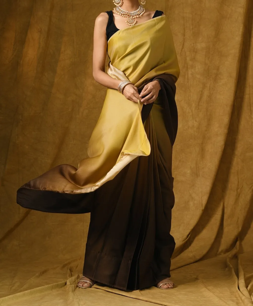 Best Traditional Thread Ethnic Handmade Gold And Brown Satin Ombre Saree Multi colour threads in warp luxurious feel and drape