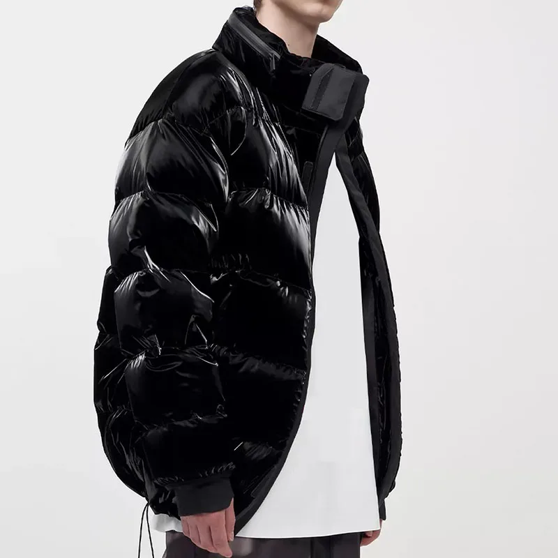 Winter mens outdoor black leather bubble down puffer jacket with hooded