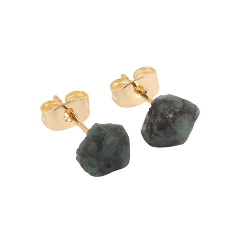 Wholesale collection natural rough emerald gold plated stud earring uncut raw birthstone minimalist statement push back studs